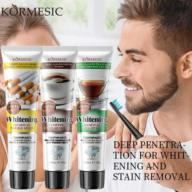 Gamme de dentifrices blanchissants de la marque Kormesic, conçus pour cibler des types de taches spécifiques.