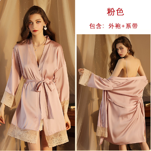 Seductive Private Sexy Nightwear Ladies Long Sleeve Satin Lace Up Robe Tunic
