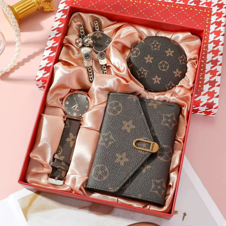 Coffret cadeau de montre pour femme 5 pièces/ensemble, montre à la mode et simple + portefeuille + clip + couvercle de miroir cosmétique