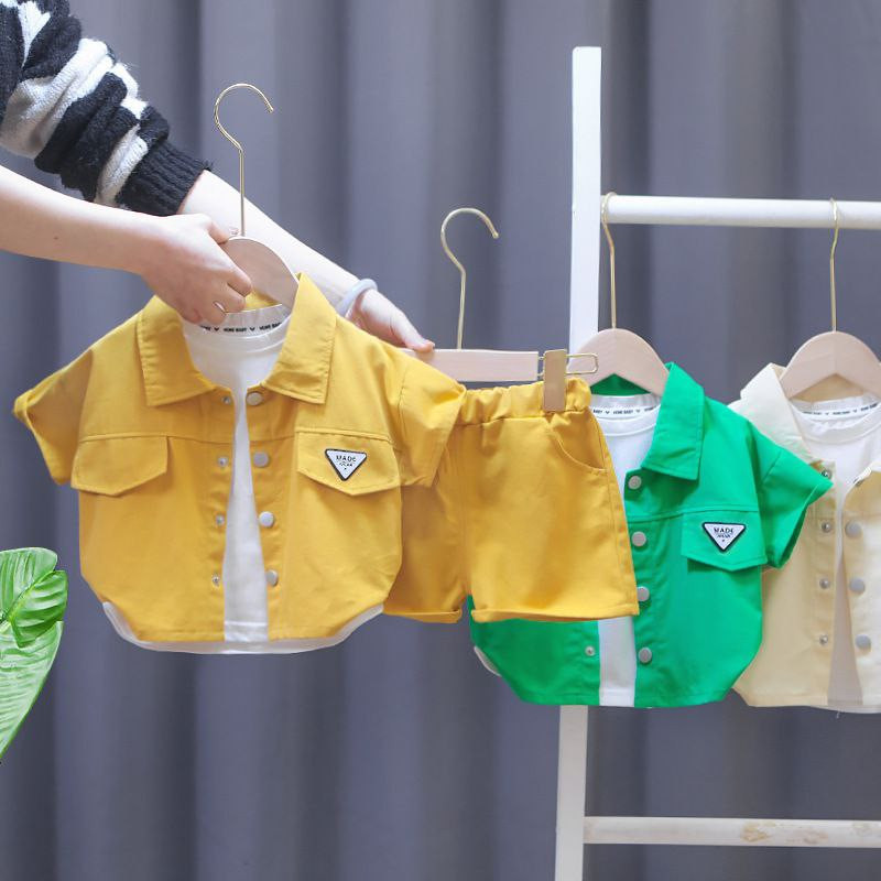 costume de mode pour enfants d'été 0-5 ans mâle bébé décontracté couleur unie revers deux pièces ensemble vêtements