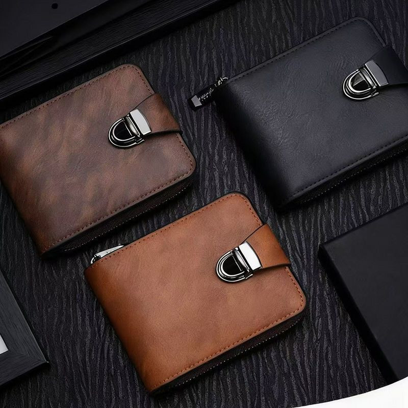 Portefeuille tendance, class  pour hommes Sac court à fermeture éclair Grande capacité Fente pour cartes multiples Petite pochette Business Rétro Porte-monnaie Style simple