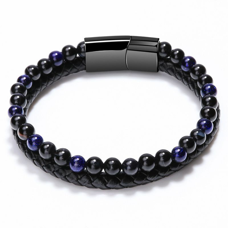 Bracelet transfrontalier simple en pierre volcanique naturelle pour hommes avec fermoir magnétique tissé en pierre d'oeil de tigre perlé bracelet en corde de peau de vache bijoux