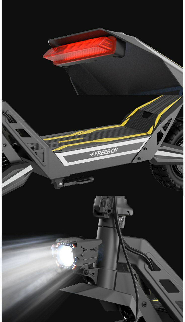 Trottinette électrique tout-terrain FREEBOY J2MAX, caractérisée par son cadre robuste gris foncé et ses détails jaunes.