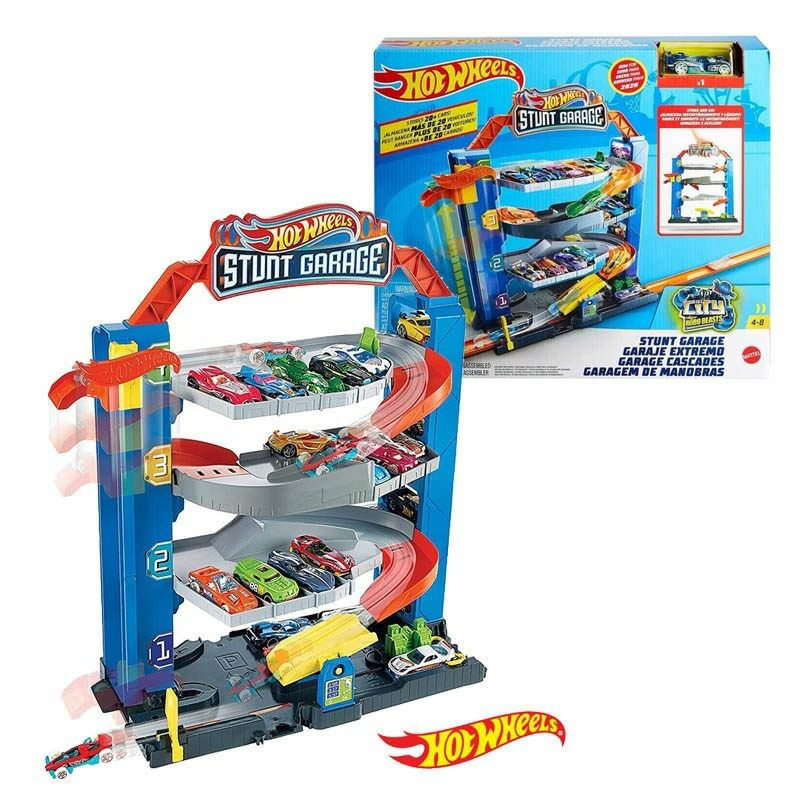 coffret de jeu Hot Wheels City Stunt Garage (aussi appelé Garage Cascades), un circuit de garage sur plusieurs niveaux pour les petites voitures.