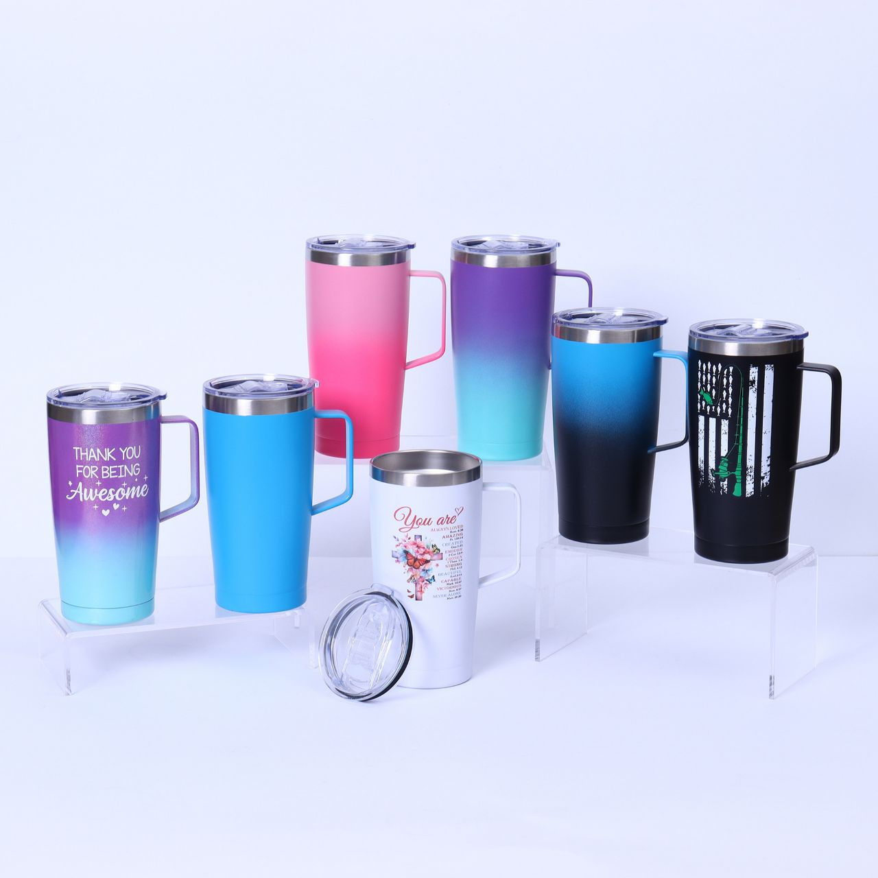 Nouvelle tasse de voiture dégradée de 20 oz, tasse thermos en acier inoxydable 304, tasse à café à poignée portable