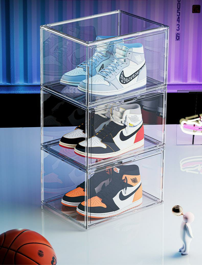 Boîte à chaussures magnétique acrylique AJ  boîte de rangement de chaussures transparent artefact sneaker Double ouverture