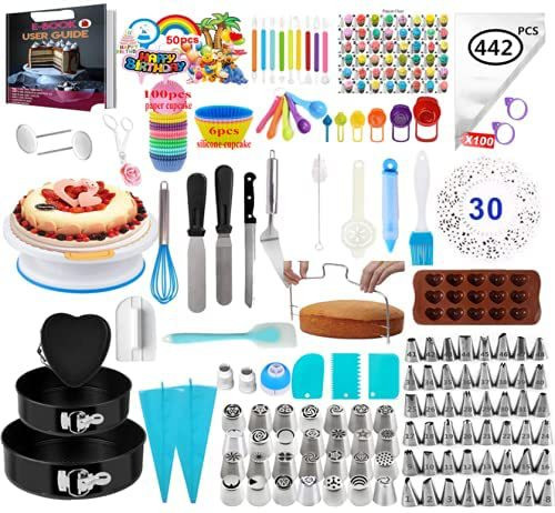 Kit d'ustensiles pour gateau - Ensemble de décoration de plateau tournant de gâteau de 442 pièces avec plateau de cuisson sac de décoration et outil de cuisson de crème