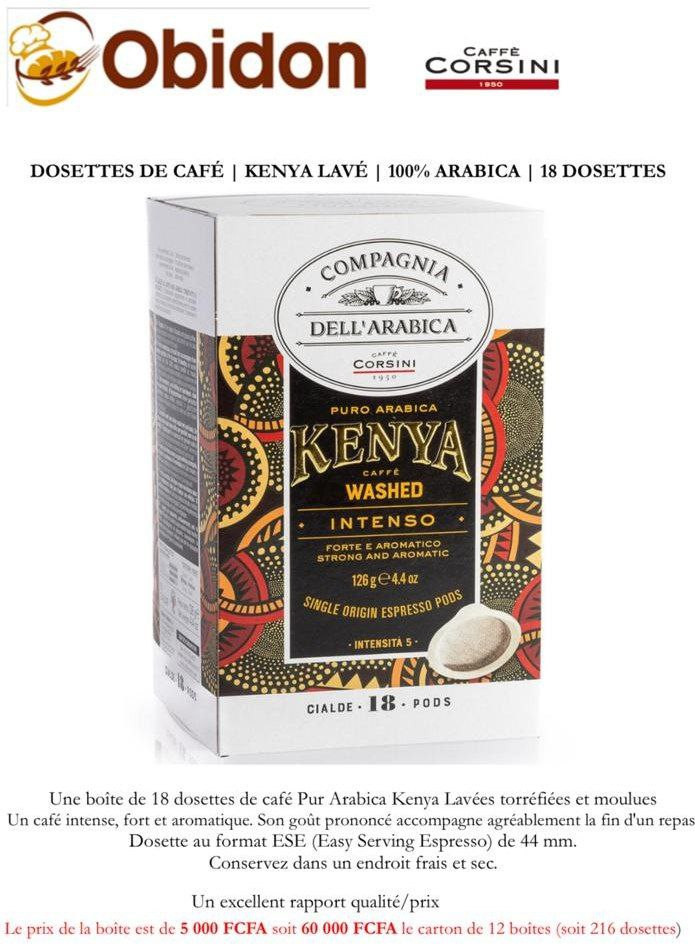 Une boîte de 18 dosettes de café Pur Arabica Kenya lavées torréfiées et moulues.   Un café intense, fort et aromatique. Son goût prononcé accompagne agréablement la fin d'un repas.