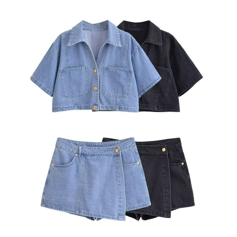 Ensemble ZA vêtements pour femmes transfrontaliers de style européen et américain.  Nouveau style simple costume en denim multicolore présente une chemise courte à manches courtes et une jupe-short po