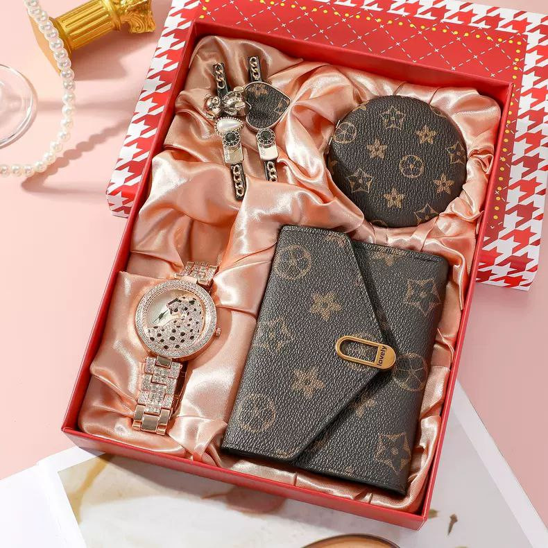 Coffret cadeau de montre pour femme 5 pièces/ensemble, montre à la mode et simple + portefeuille + clip + couvercle de miroir cosmétique