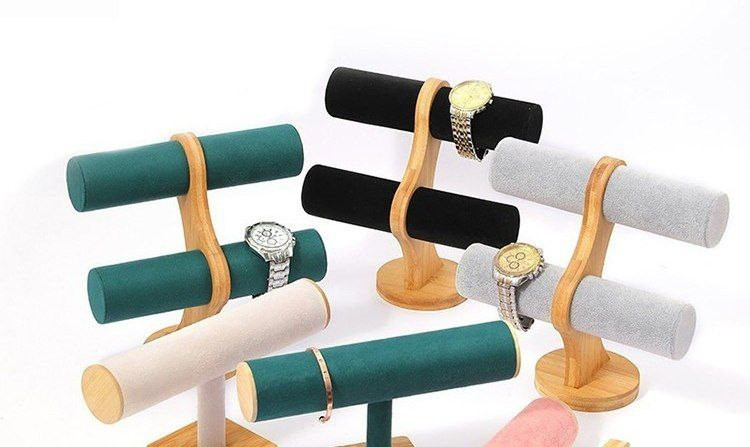 Bambou et bois incurvé double couche présentoir bracelet, support de rangement montre affichage accessoires