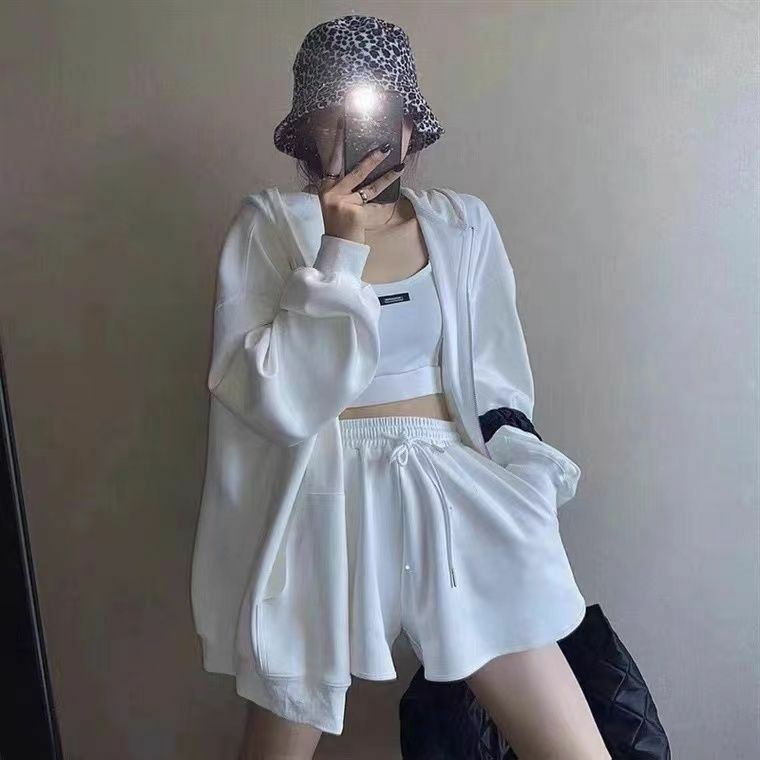 Ensembles Sweat-Shirt à Capuche et Short Décontracté pour Femme, Ensemble de 3 Pièces, 3 pièces décontractés pour femmes veste à glissière Vesthortshorsed costumes de sports, survêtement Mujer