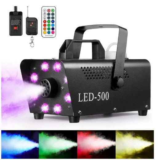 machine à fumée LED de 500W (générateur de brouillard pour scène et fêtes), accompagnée d'une télécommande sans fil et de diodes lumineuses RVB.