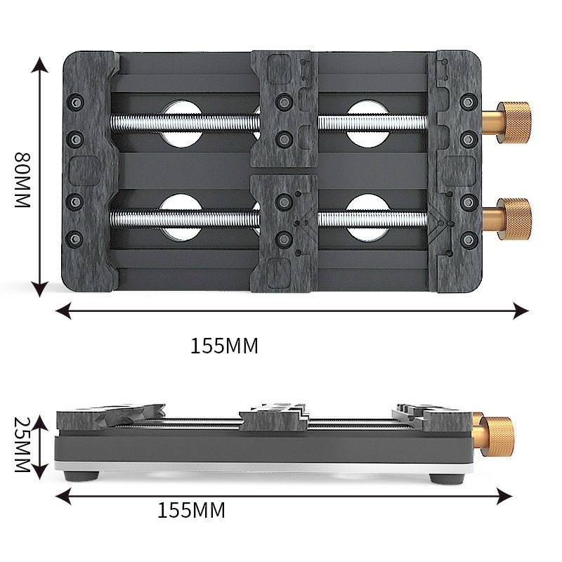 Support de fixation biaxial en alliage d'aluminium, mesurant 155 mm par 80 mm, conçu pour maintenir les cartes mères de téléphones portables et autres circuits imprimés.