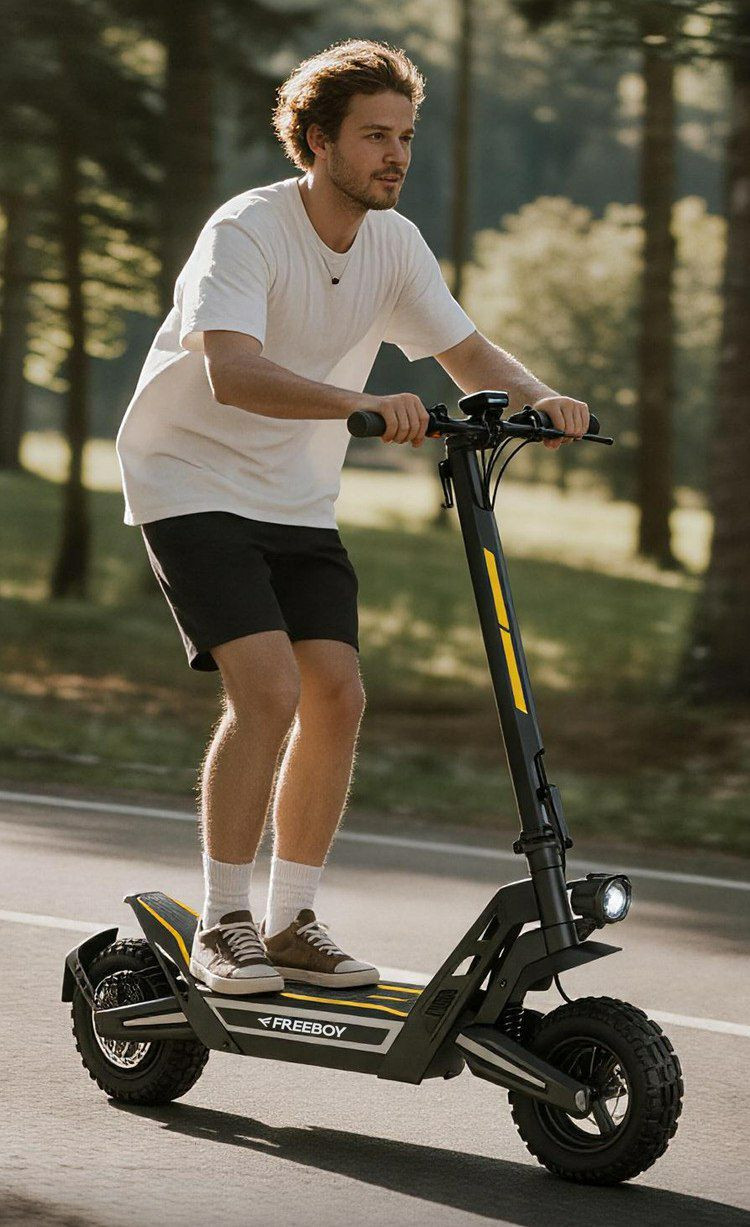 Trottinette électrique tout-terrain FREEBOY J2MAX, caractérisée par son cadre robuste gris foncé et ses détails jaunes.