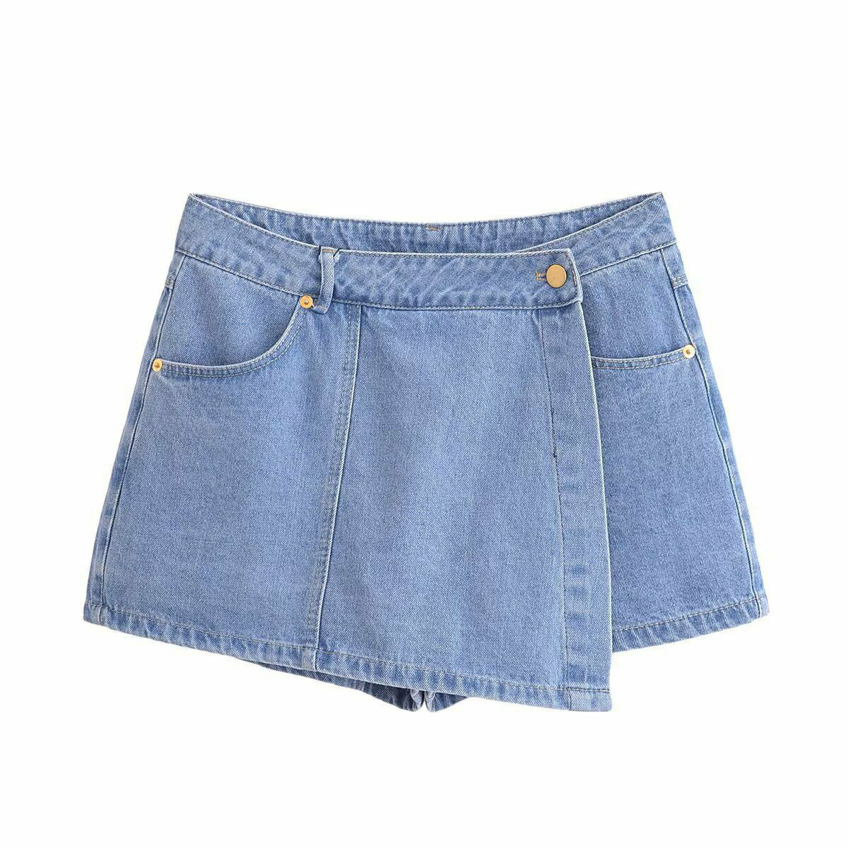 Ensemble ZA vêtements pour femmes transfrontaliers de style européen et américain.  Nouveau style simple costume en denim multicolore présente une chemise courte à manches courtes et une jupe-short po